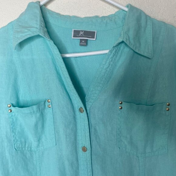 JM Collection Linen Top Womens Size 14 Teel Button Up 3/4 Sleeves Studded Pocket - Picture 3 of 14
